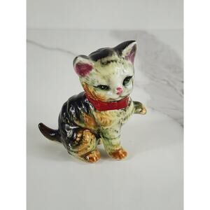 Mini Cat Kitten Kitty w/ Red Bow Figurine Green Eyes Porcelain 3" Year 80's Vtg